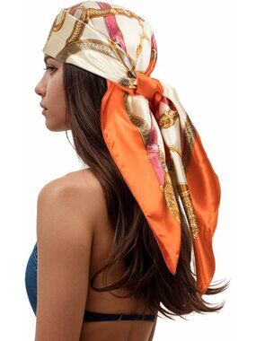 Womens Orange Printed Square Scarf Bandanas Hair Scarf 35 Inches